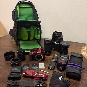Nikon D3400 Digital RED SLR Bundle 3 Lenses, 4 batteries,Charger,Backpack,Flash